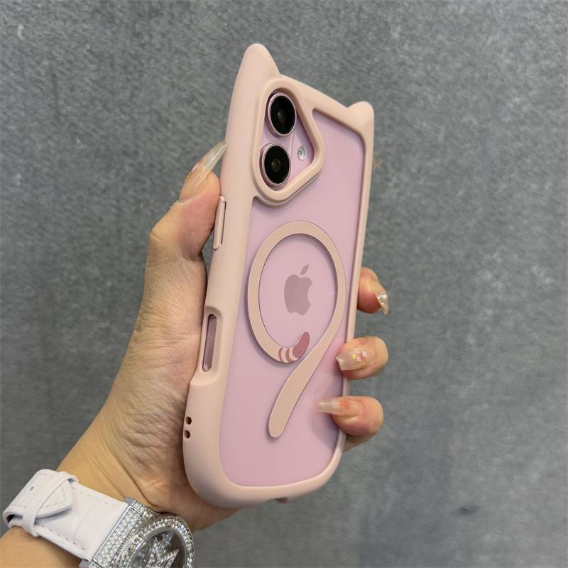 Cute Cat Ear Magsafe Case for iPhone 13 14 15 16 Pro Max 11 12 15 16 Plus Transparent PC TPU Armor Cover with Wrist Strap Chain
