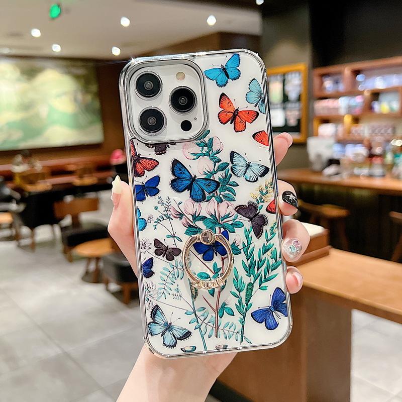 

Роскошный чехол с бабочкой и цветком для Samsung A54 A13 S23 + iPhone 14 13 Pro Max с кольцом-держателем, чехол с покрытием и каймой