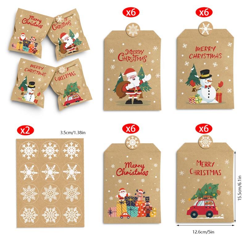 24Sets Merry Christmas Gift Bags Retro Santa Claus Fox Kraft Paper Bags with Stickers Xmas Party Favor Bags DIY Advent Calendar