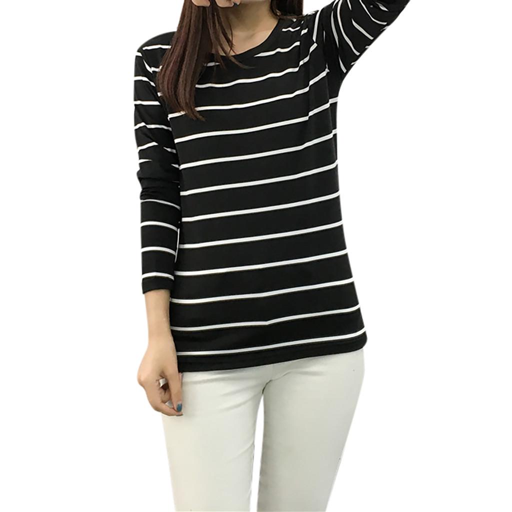 Women Korean Version Loose Stripe Long Sleeve  Bottoming Shirt Casual Tops