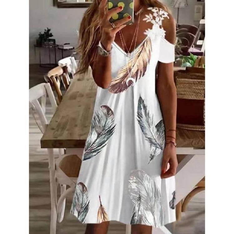Sommer schulterfrei Blumendruck Sexy Spitze Sommerkleid Damen Lässig Strand Urlaubs Kleid Kurzarm Vestidos Mode Damen