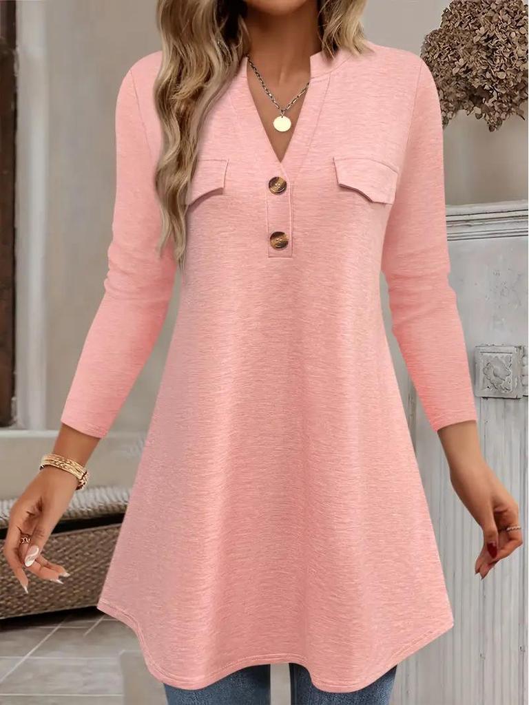Women's V-Neck Button-Up Long Sleeve Top for Fall/Winter