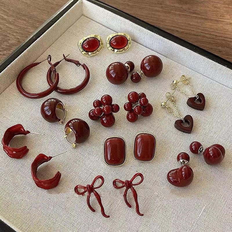 Red Ribbon Bow-knot Vintage Stud Earrings For Women Korean Fashion Autumn Winter Simple Bow Red Stud Earrings Geometric Earring