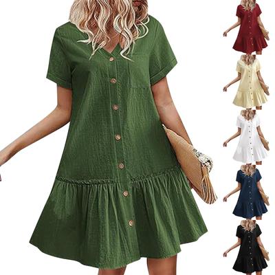 Women's Casual Short Sleeved Solid Color V-neck Button Loose Fitting Dress With Ruffled Hem