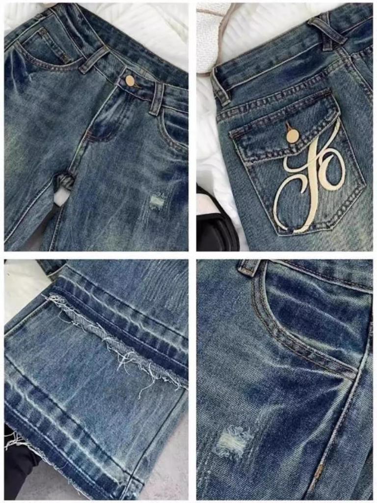 Damen Amerikanische Retro Niedrige Taille Bestickte Abgetragene Petite Schlagjeans