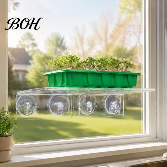 Floating Potted Plant Stands Window Suction Cup Storage Rack, Clear Acrylic Shelf with Microgreen Growing Trays Strong Adsorption, Stand for
