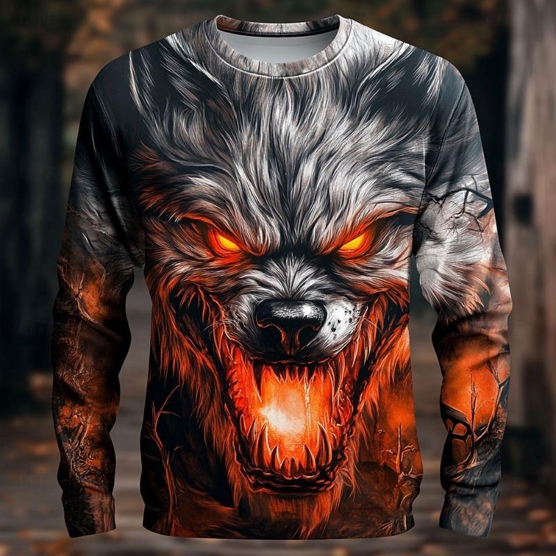 Camisetas de Manga Comprida com Estampa de Lobo Engraçada para Homens Streetwear Trendy Tops Casuais Camisetas Casuais Roupas