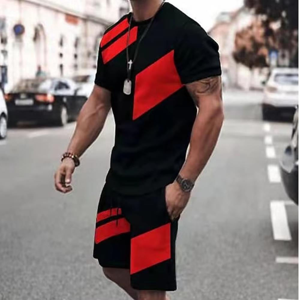 2025 Summer Men's Shorts Set 3D Printed Simple Casual Style Short Sleeved T-shirt+shorts 2-piece Set Fashionable Loose Sports Set Lig