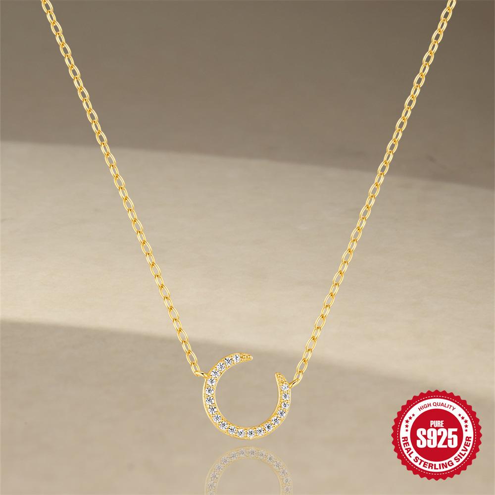 Simple And Versatile S925 Sterling Silver Classic Crescent Element Diamond Fashion Necklace Clavicle Chain