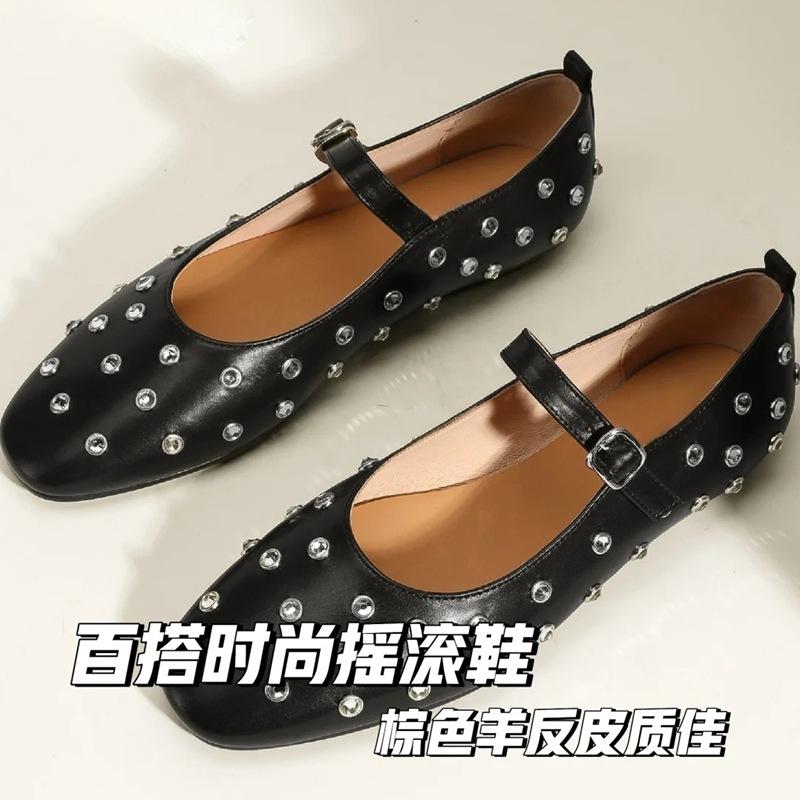 Great To Wear Retro Flat Ballet Single Shoes Women's Square Head Fashion Rivets Rhinestones Word Belt Mary Jane Shoes