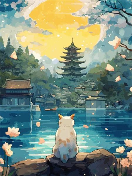 5D Diamant Malerei Neuheiten Katze Tempel Voll Platz Runde Stickerei Mosaik Sonnenuntergang Landschaft Home Decor