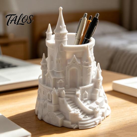 Portapenne ad Angoli Arrotondati Forma di Castello Organizer da Scrivania Stampato in 3D per Penne, Matite, Pennelli da Trucco, Portamatite Decorativo