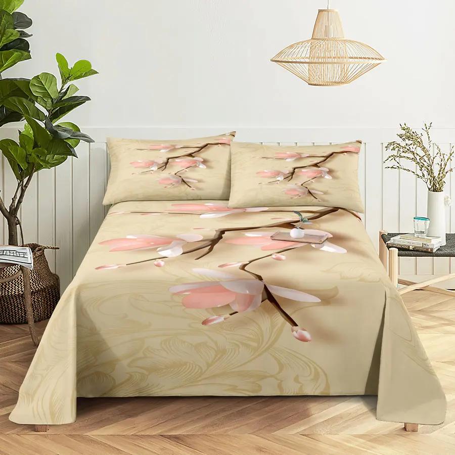 Pink Floral Bed Sheet Set Pillowcase Bedding Linens Cover Flower Queen King Twin Full Size for Single Double Bed Soft Thin