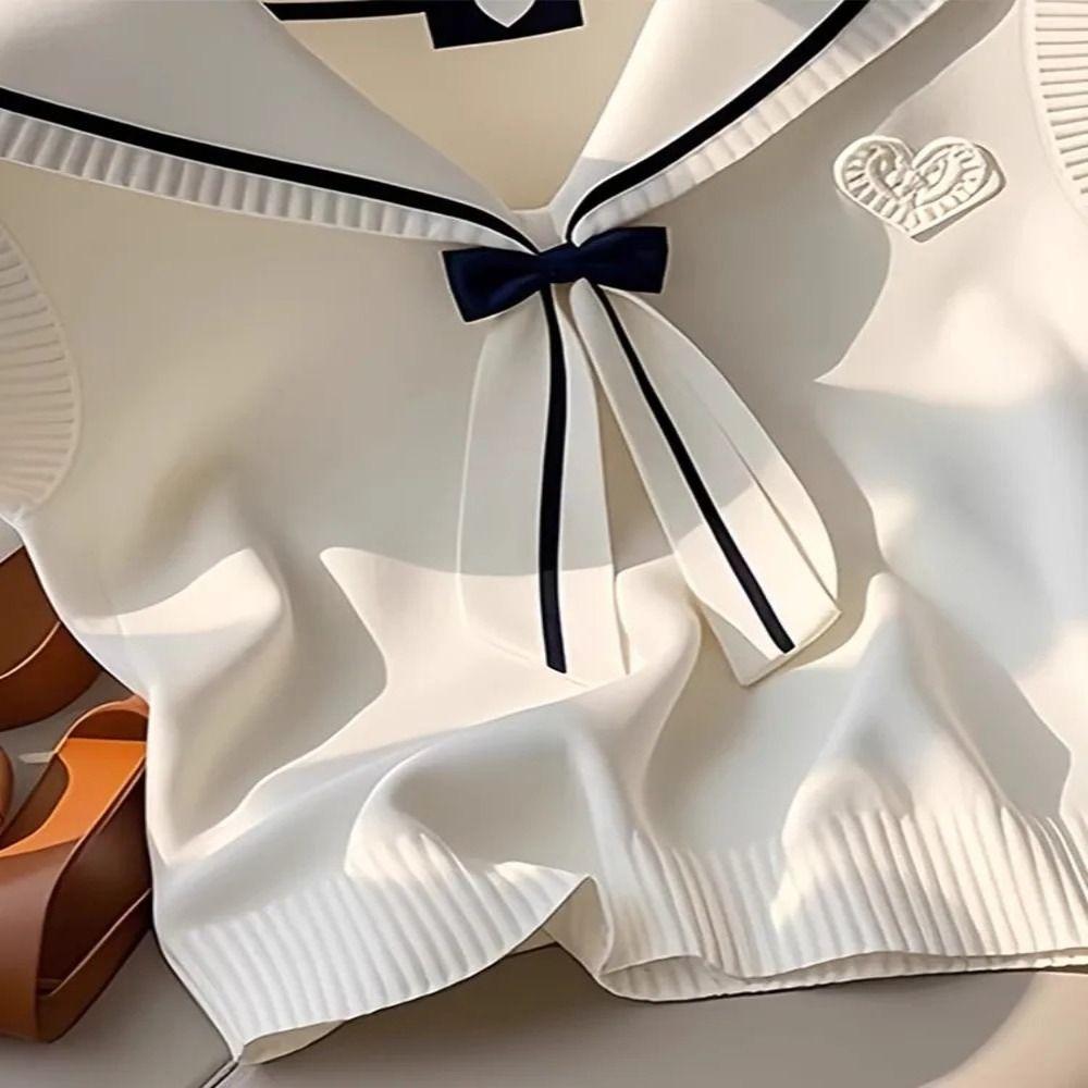 Commute Style Sweet Sailor Collar Top Vintage Design Chic Bow Top New Waistcoat  Summer
