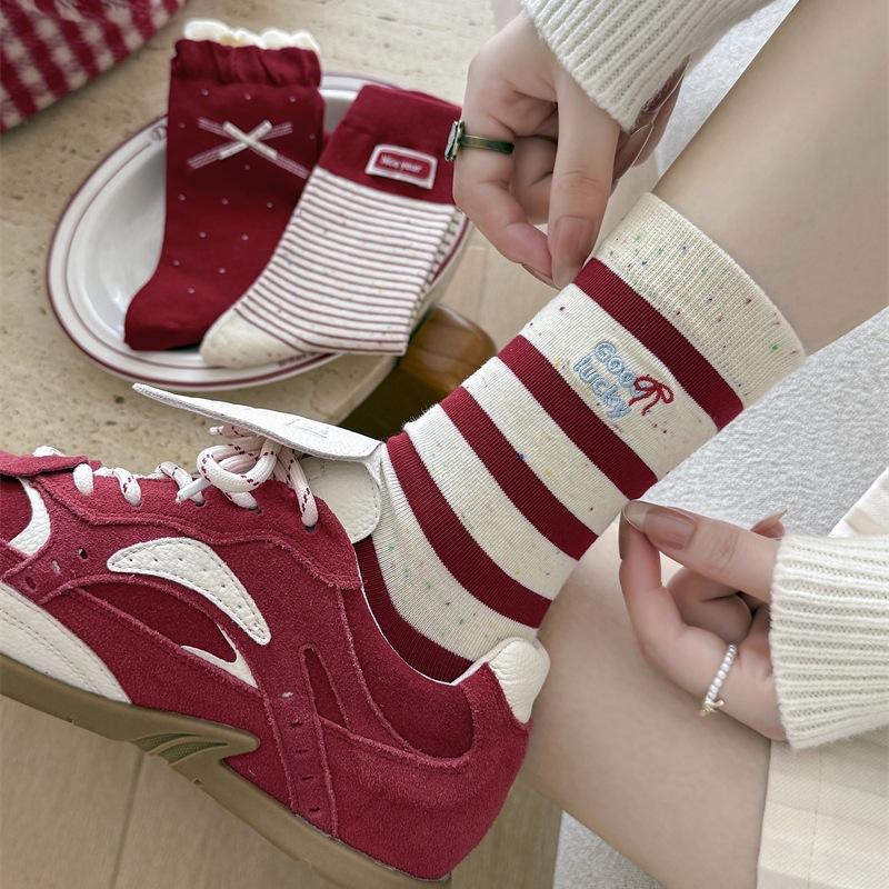 Big Red Socks Bow Polka Dot Mid-Leg Socks New Year Red Striped Cloth Label New Year S Socks Pile Socks