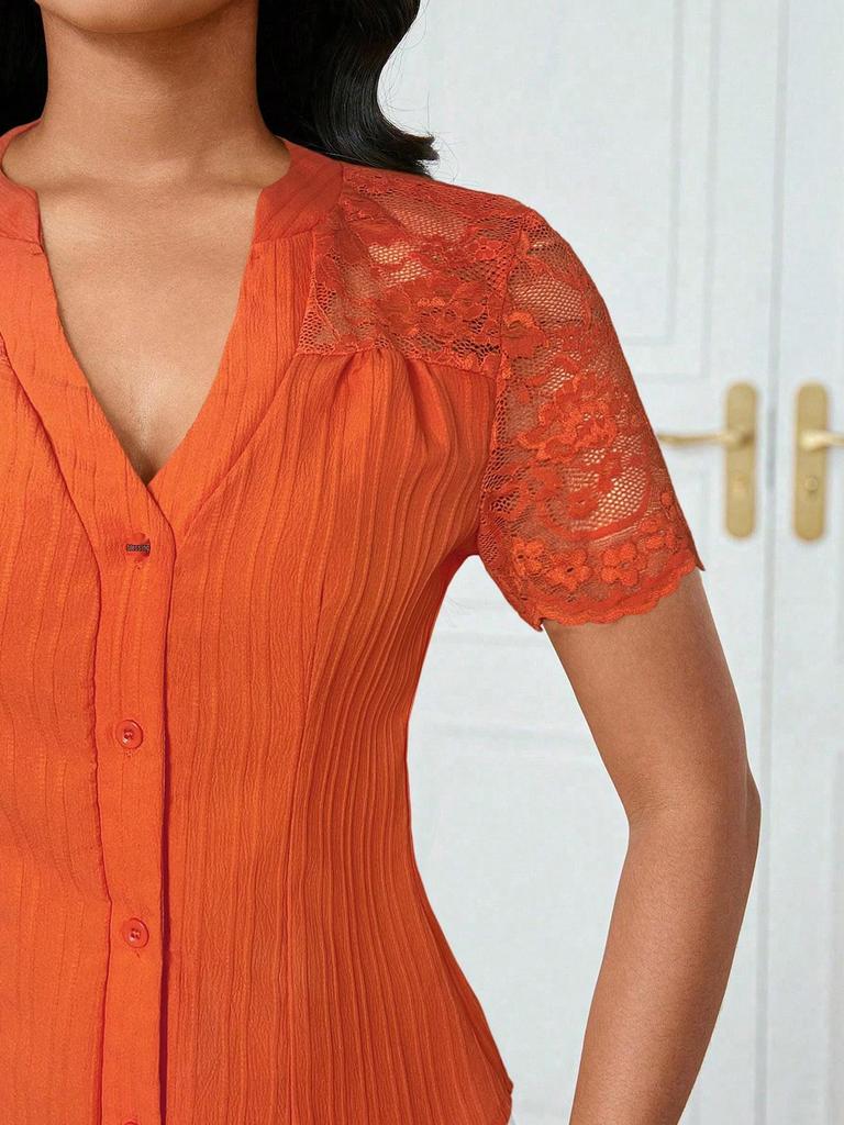 Women's Summer V-neck Embroidered Hollow Short-sleeve Shirt