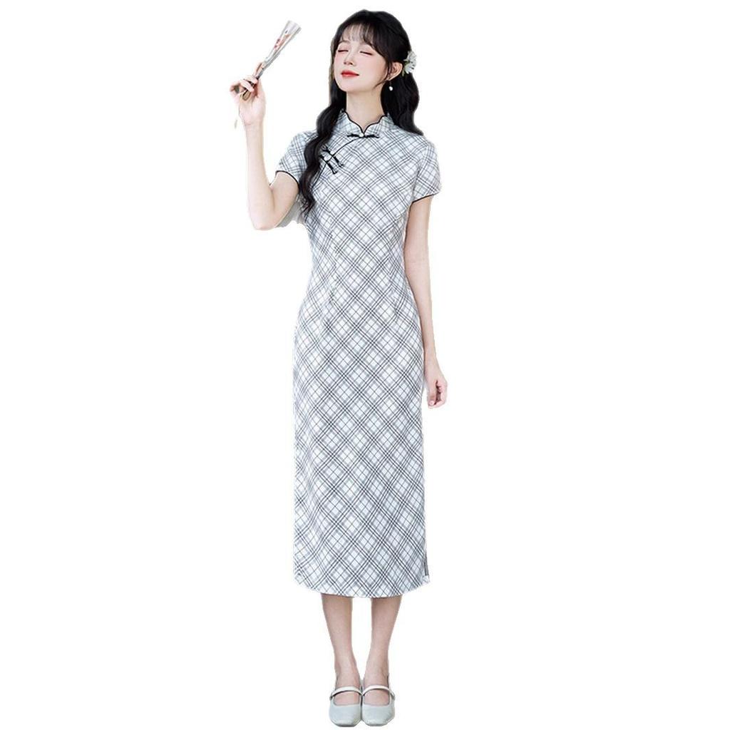 Spring and summer new plaid jacquard young cheongsam, girl small fresh and sweet style literary daily cheongsam woman