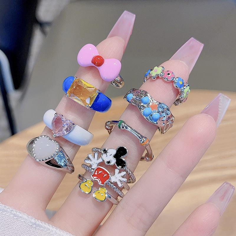 Mickey Love Enamel Oil Drop Bow Stacked Wearing High-End Open Ring Personality Niche Design Ring Woman
