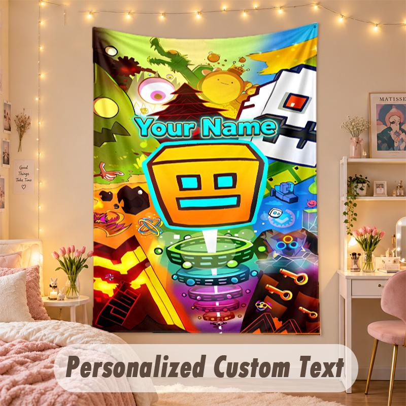 Custom Personalized Tapestry,Geometry Dash Print Custom Name Text Wall Art Hanging for Bedroom
