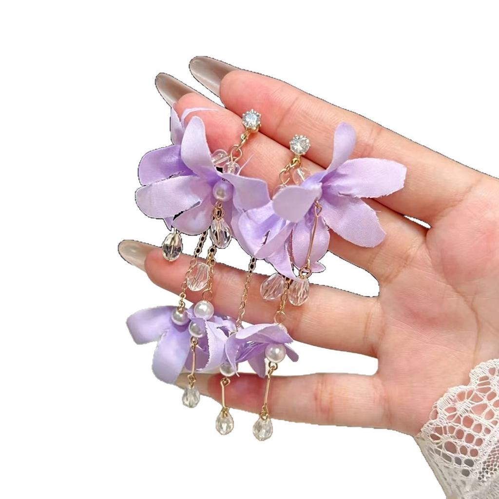 Super fairy purple flower fringed earrings niche design high sense seaside vacation wind photo shoot earrings accessories