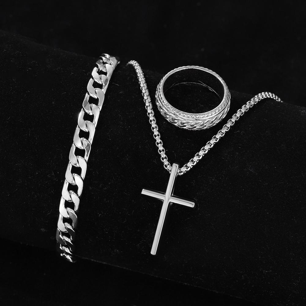 3 Piece Men Fashion Personality Simple Black Stainless Steel Non Fading Cross Necklace Ring Bracelet Set Accessories