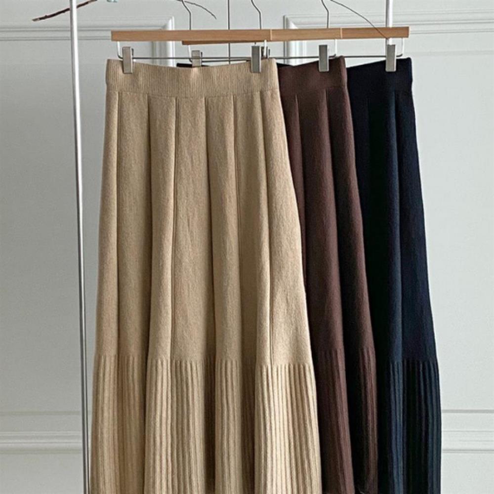 New Arrivals Open Run Women Solid Color Pleated Waistband Knit Long Skirt