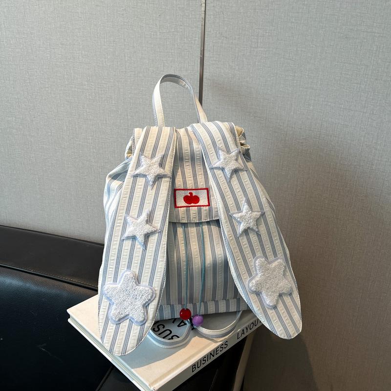 

Рюкзак с кроличьими ушками, сумка, рюкзак в полоску Маленькая звезда , большая вместимость, для поездок на работу, универсальный, девчачий, студенческий, для занятий, школьная сумка 26*12*28 синий