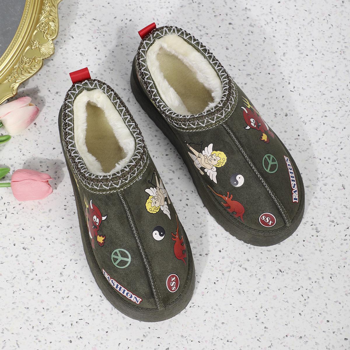 

Модные женские теплые толстые пушистые зимние сапоги с милым мультяшным рисунком и принтом на платформе, ботильоны, повседневные короткие плюшевые туфли на плоской подошве, осень-зима 37 зелёный