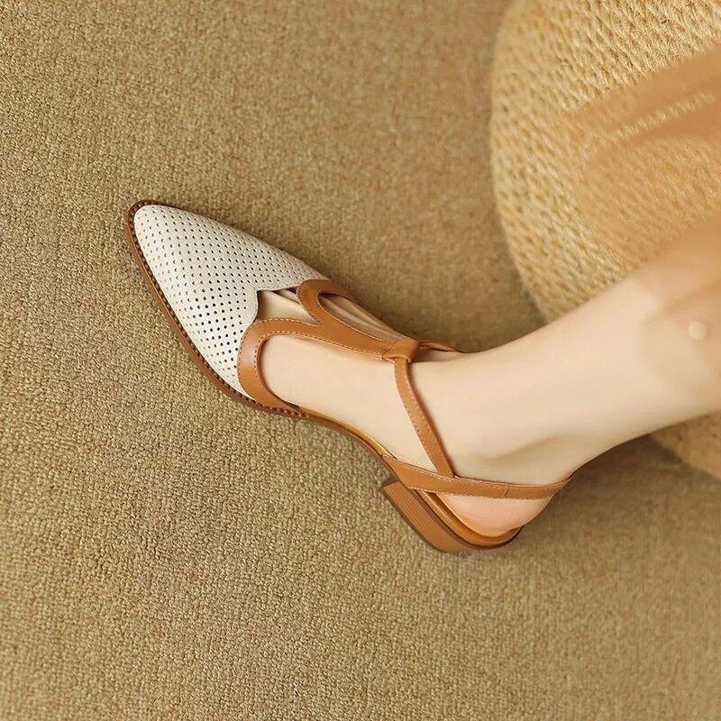 Fashion NEW Summer Women Sandals Split Leather Shoes for Women Simple Pointed Toe Chunky Heel Shoes Cover Toe Slingback Designer Sandals