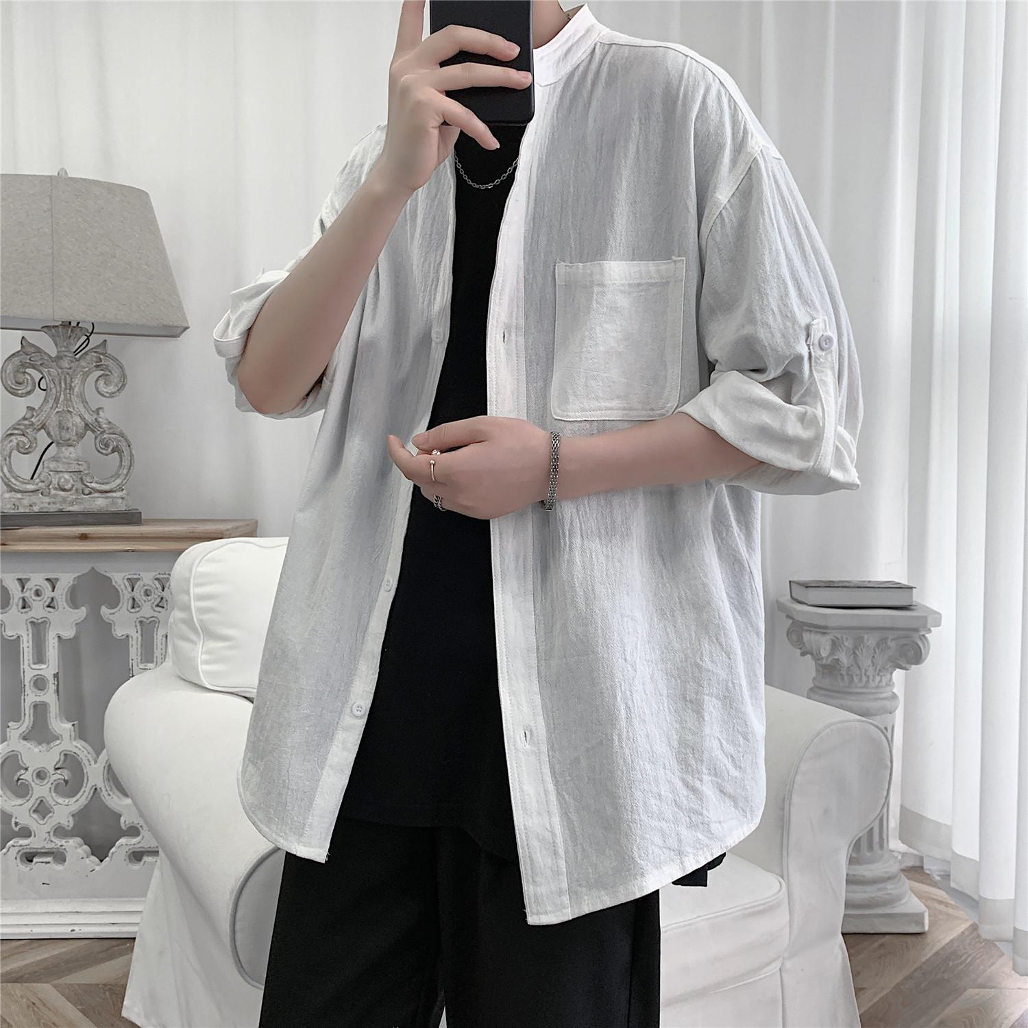 

2026 Summer New Casual Men s Shirt Cotton Solid Color Three Quarter Shirts For Men XL білий