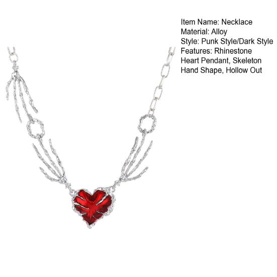 Women Necklace Red Rhinestone Heart Pendant Skeleton Hand Shape Punk Dark Style Individual Hollow Out Neck Jewelry for Club Party