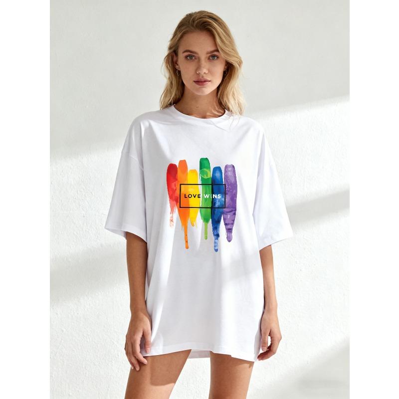 Oversized T Shirt Black Rainbow Paint Drip Love Wins Print Casual Wear For Women Summer Streetwear Fashion Statement Top