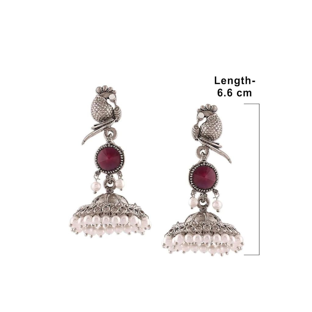 Purple Peacock Silver Oxidised Stones & Beads Traditional Jhumki Earring For Women