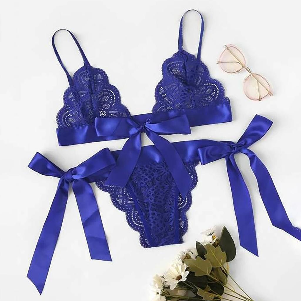 Lace Bralette Set with Bow Tie Straps Two Piece Lingerie Set Sheer Mesh Triangle Bra and Matching Panty Soft Fabric Intimate Wear for Women