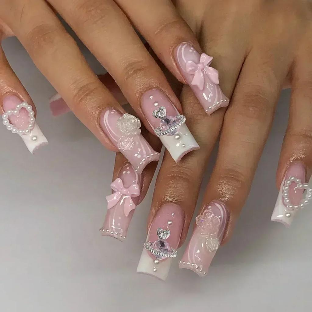 24Pcs Long French Fake Nails with Glue Ballet False Nails Butterfly Rhinestone Design Press On Nails Wearable Coffin Nail Tips