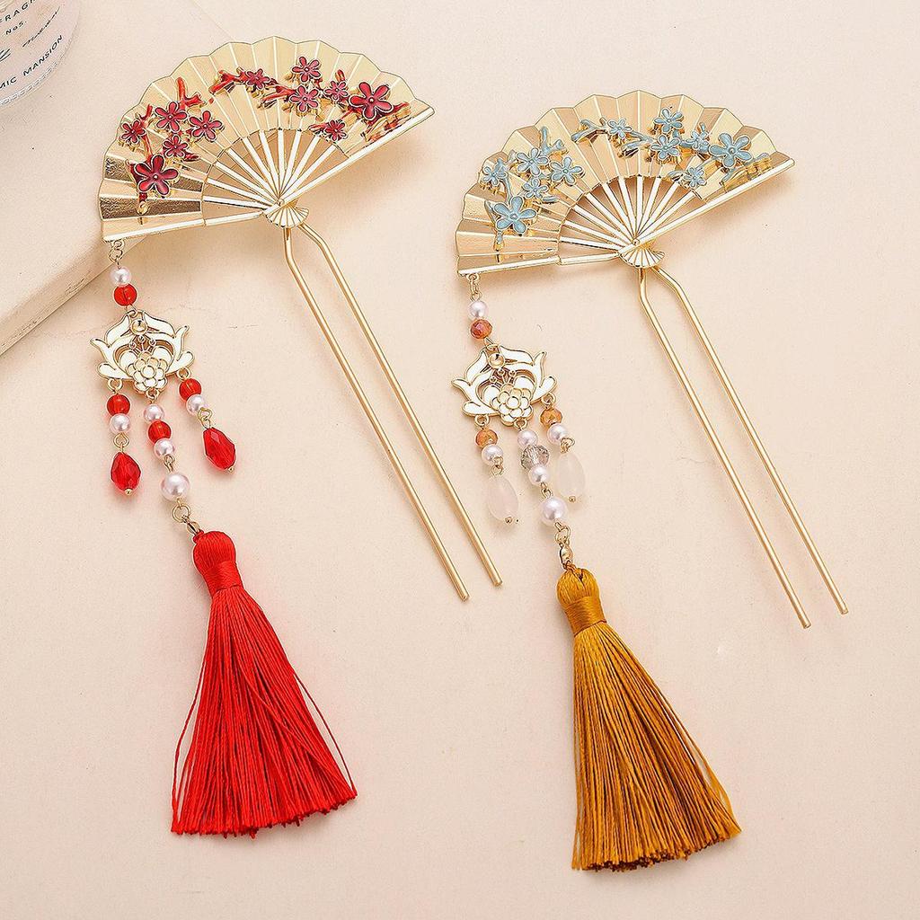 Ancient-Style Hanfu Golden Fan Hairpins with Begonia Flowers - Elegant High-End Chinese Hair Accessories