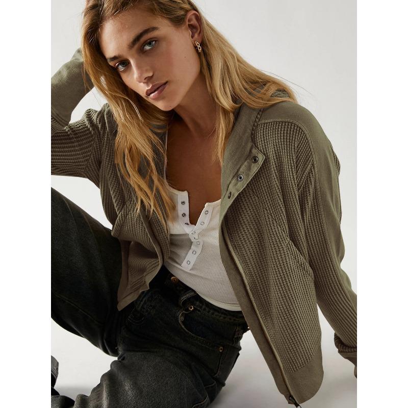 Jacket Patchwork Sweatshirt Women's Hooded Sweatshirt Slouchy Style Zipper Hoodie Short Knitwear