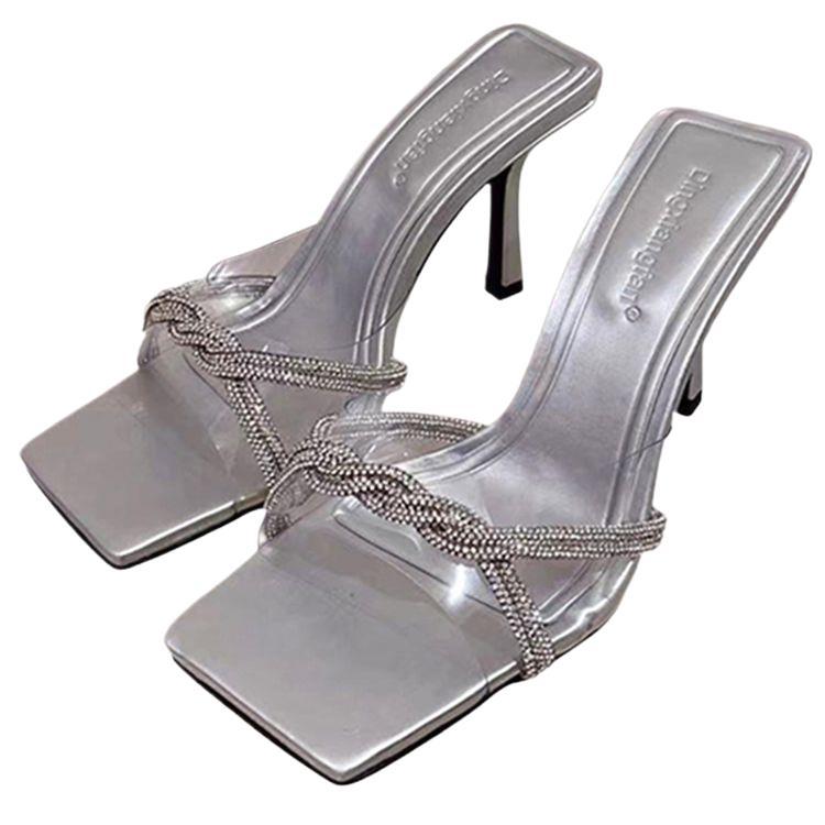 OMG! Summer Beautiful Transparent Word with Rhinestone Cool Slippers Women Wear Silver Sexy High-heeled Sandals Women's Models