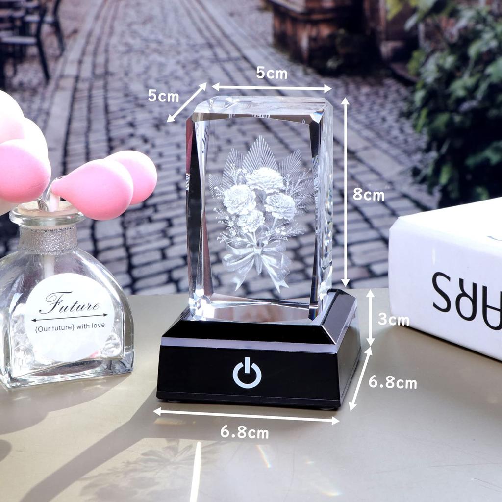 Birthday Day Popular Mother Wife Present K9 Crystal Carnation Bouquet LED Light Base USB Charging Figurine Gift for Mother Stylish Glass Figurine Home