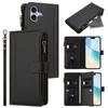 For iPhone 16 Plus Leather Case 9 Card Slots Zipper Wallet Stand Phone Cover with Wrist Strap