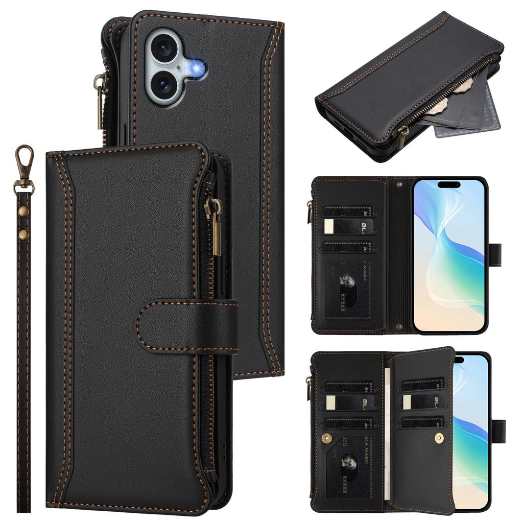 For iPhone 16 Plus Leather Case 9 Card Slots Zipper Wallet Stand Phone Cover with Wrist Strap