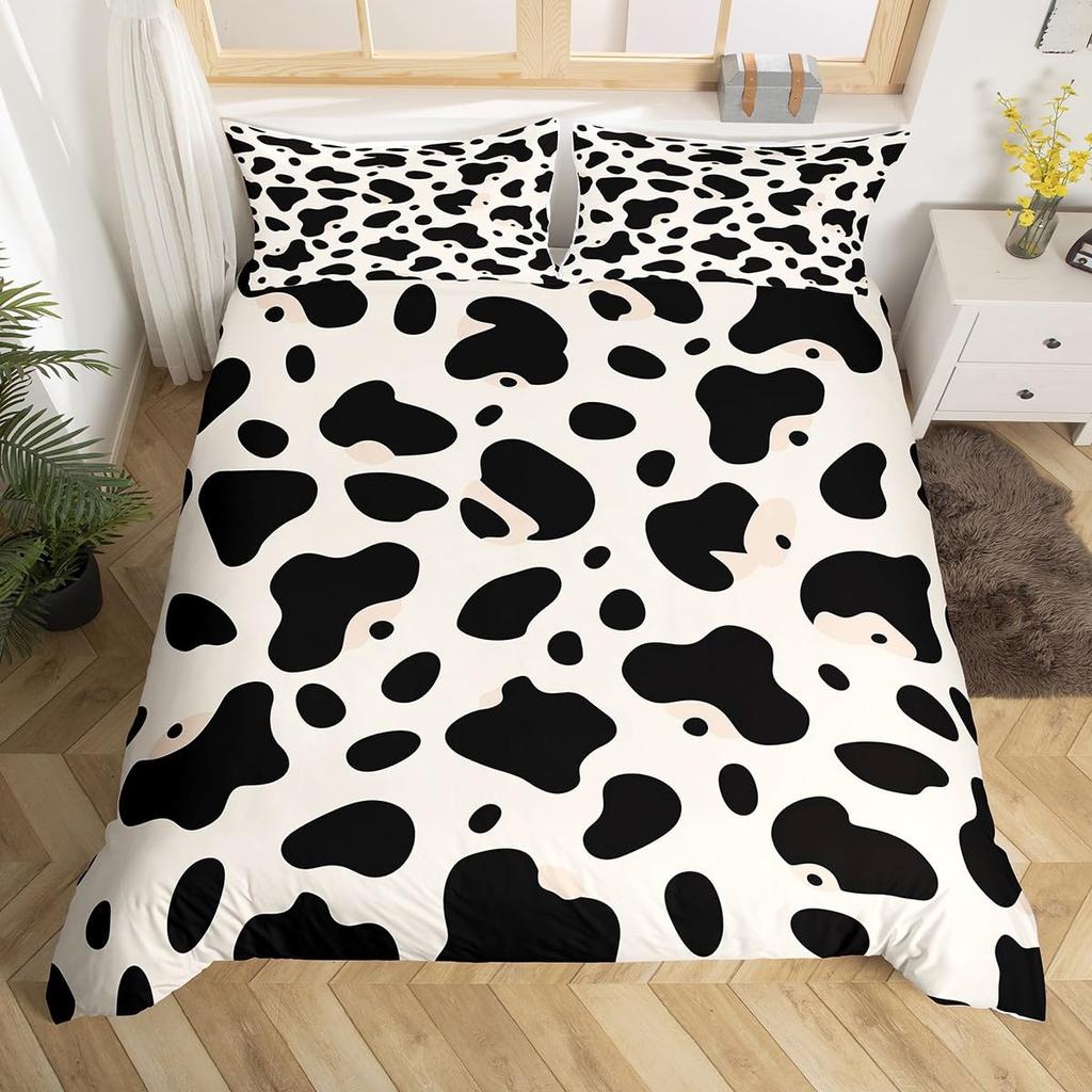 Cow Print Bedding Set King Size Kids Black White Duvet Cover Set Cartoon Milk Cow Comforter Cover Animal Farmhouse Quilt Cover
