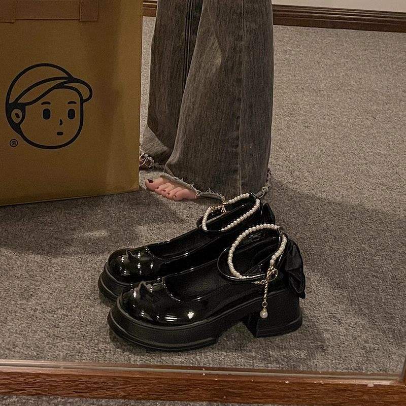 Pearl small leather shoes women's spring and autumn 2025 new platform with skirt high heel single shoes thick heel French Mary Jane shoes