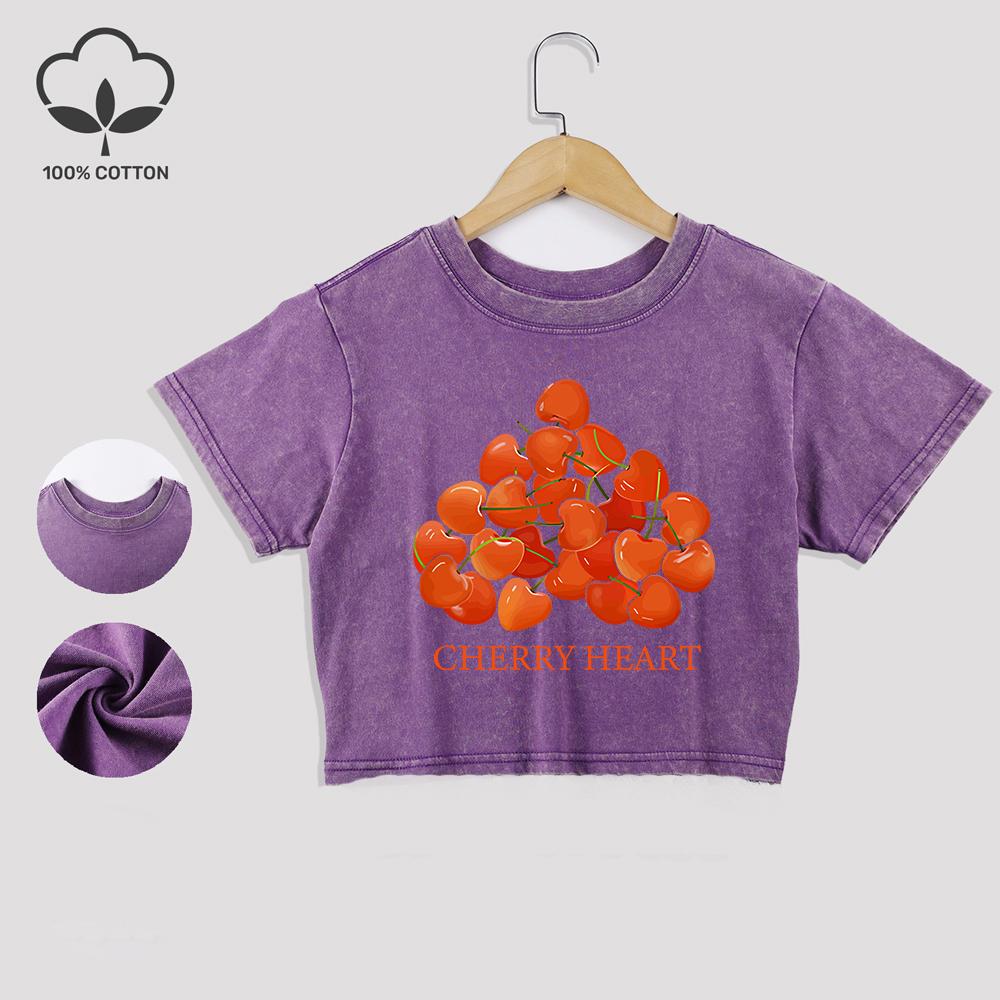 Fresh Cherry Heart Pattern Prints Cotton Washed T-Shirts Trend Summer Lace Hem Crop Tops O-Neck Regular Fit Tees Casual Clothes