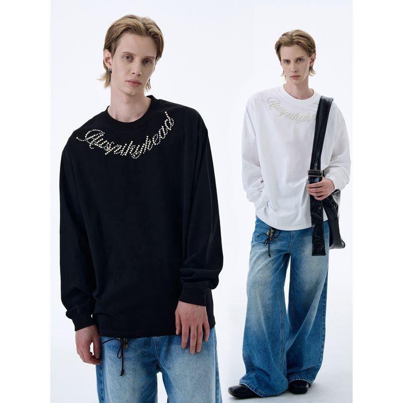 Kisko American Retro Stereo Pearl Design Round Neck Long-Sleeved T-Shirt for Men and Women, Trendy Brand, Handsome, Loose and Casual Top