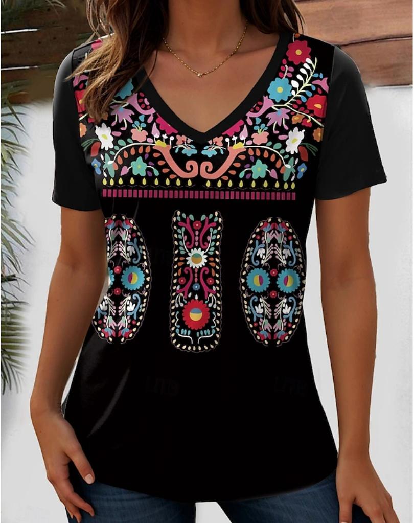 Harajuku Wind Ladies V-neck T-shirt Summer Outdoor Casual Short Sleeve Tops Retro Street Flower Print OverSize Women's Clothing