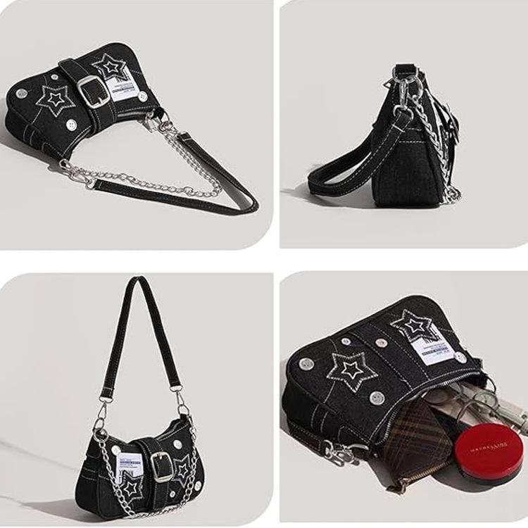 Gwiazdowa Dżinsowa Torba na Ramię Półksiężyc - Luksusowa Torebka w Stylu Spicy Girl