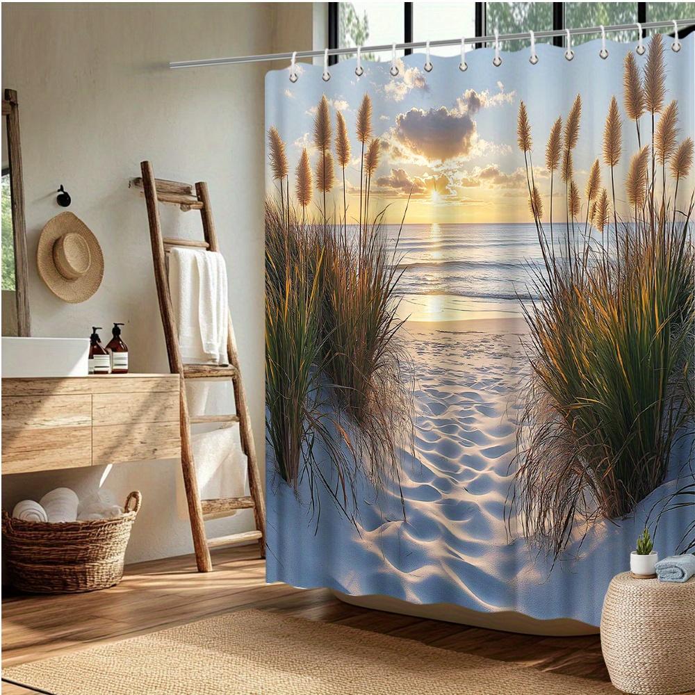Strand-Sonnenuntergang Duschvorhang, Malerisches Ozean- & Pampasgras-Design, Lichtbeständiges Polyester, Badezimmerdekor
