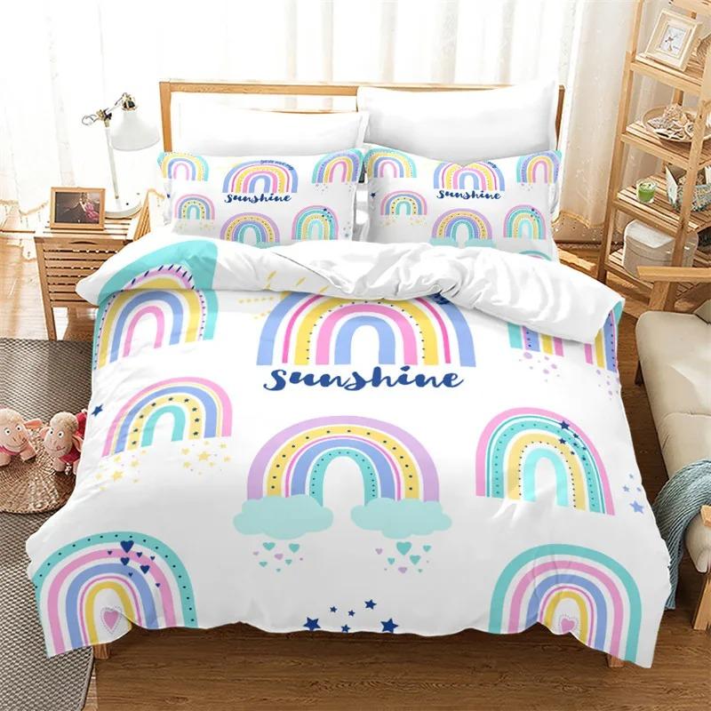 Cartoon Rainbow Duvet Cover Twin Kawaii Kids Girls Clouds Star Animals Print Bedding