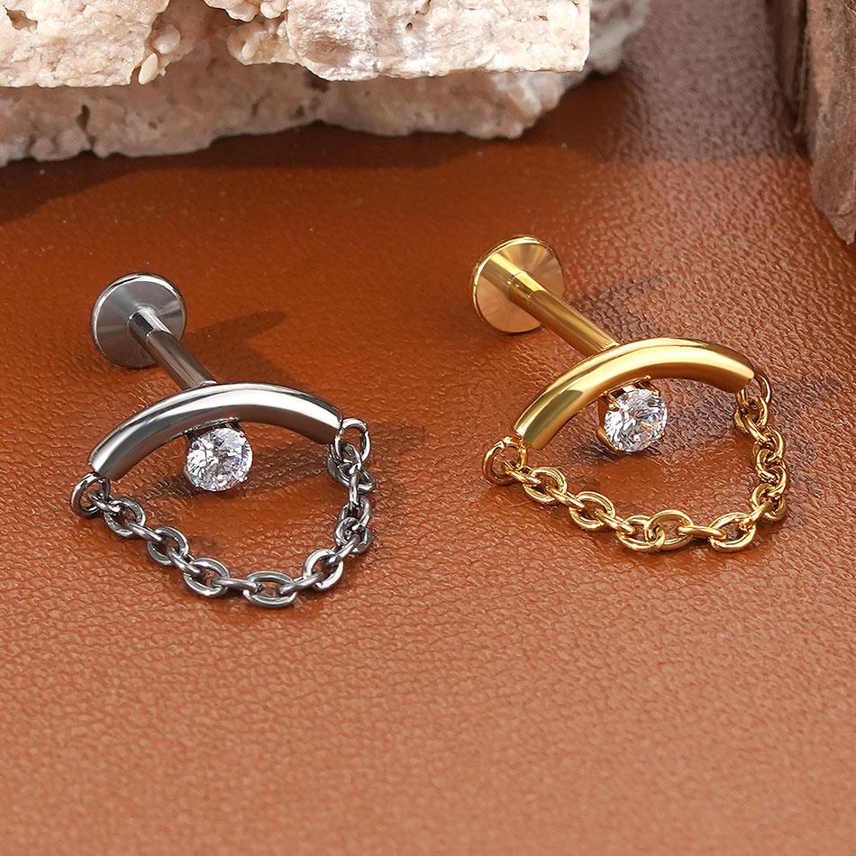 1PC Titanium Gold Color CZ Tragus Piercing Internally Threaded Ear Cartilage Flat Back Earrings Hidden Helix Stud Jewelry 16G